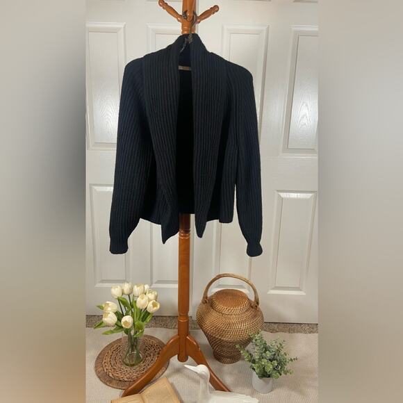 Vince. Black Ribbed Open-Front Wool Cardigan – Women's Size L - Picture 1 of 7